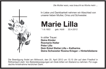 Traueranzeige von Marie Lilla von Pegnitz-Zeitung